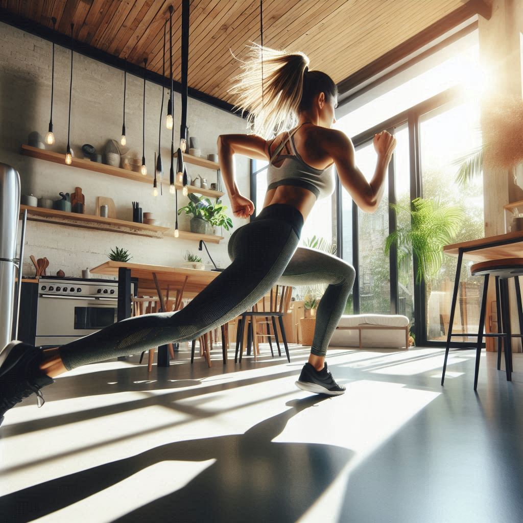 Фото активной тренировки: женщина делает динамичные выпады вперёд в современной кухне-студии.