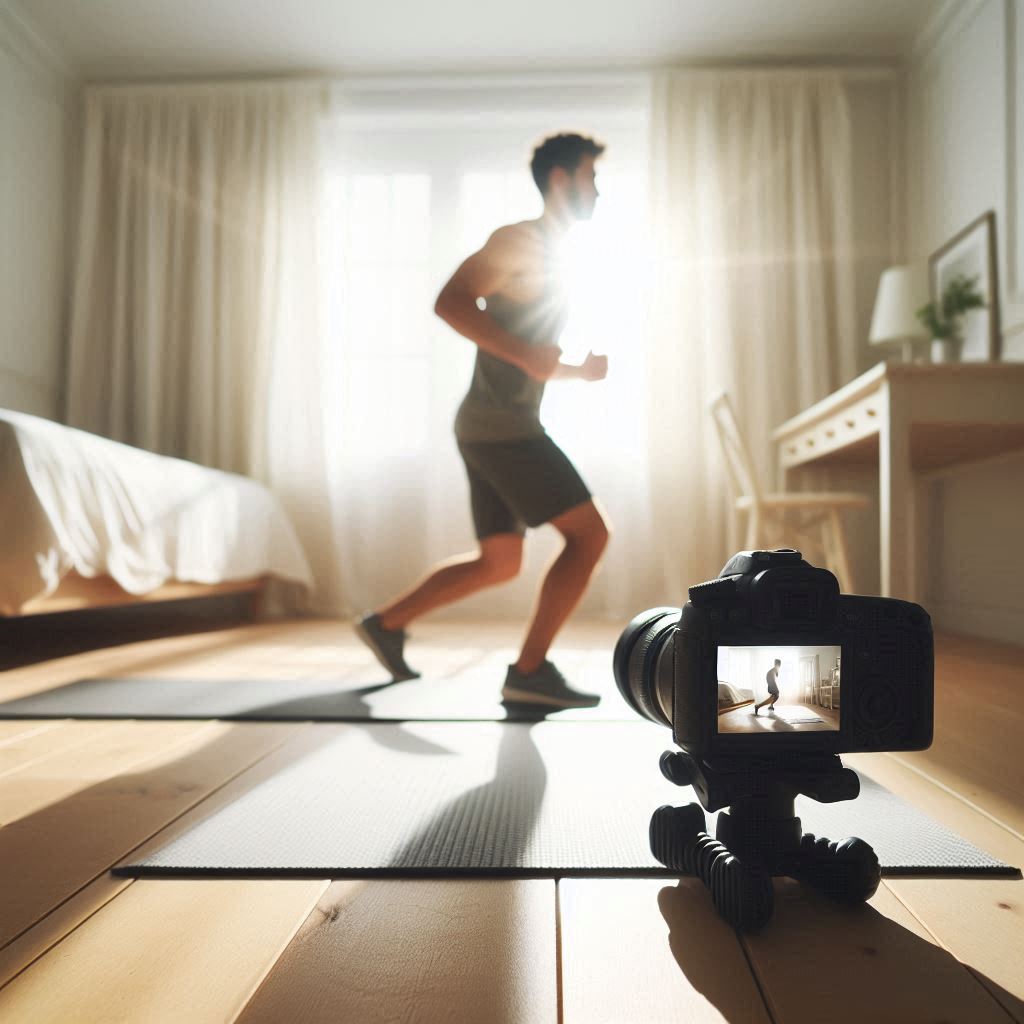 Фотография мужчины, выполняющего шаги в сторону (low-impact cardio) в спокойной светлой спальне.