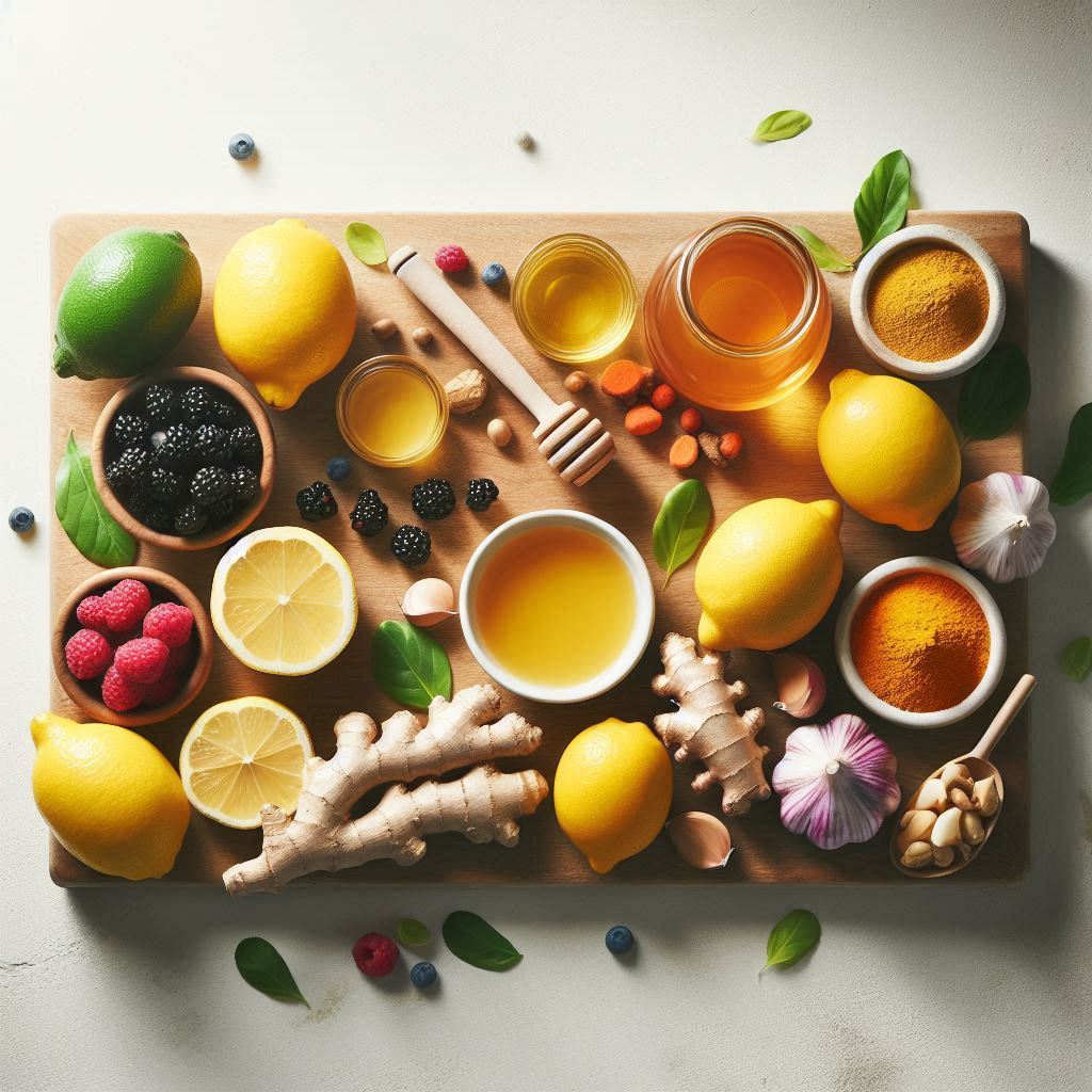 A clean wooden table with immune-boosting superfoods: ginger, lemon, honey, turmeric, berries, garlic.